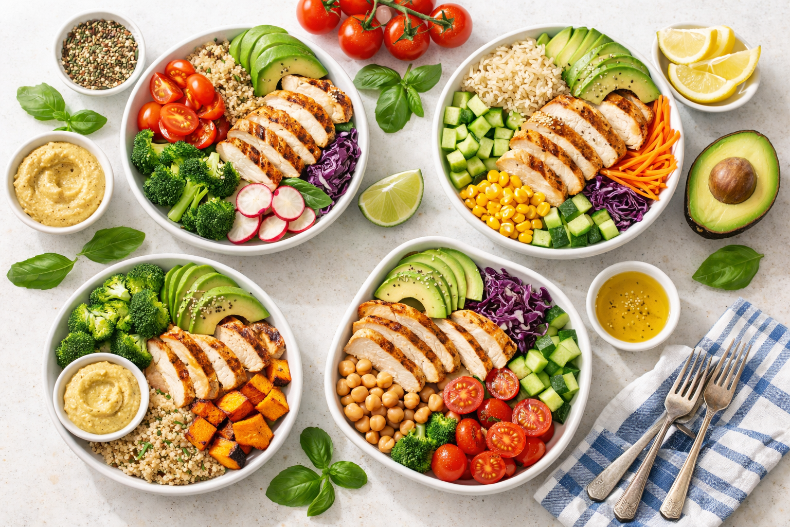 Colorful healthy meal prep bowls with fresh vegetables, grilled chicken, quinoa, and avocado on a bright kitchen counter, natural daylight, overhead shot, vibrant colors, wellness lifestyle photography
