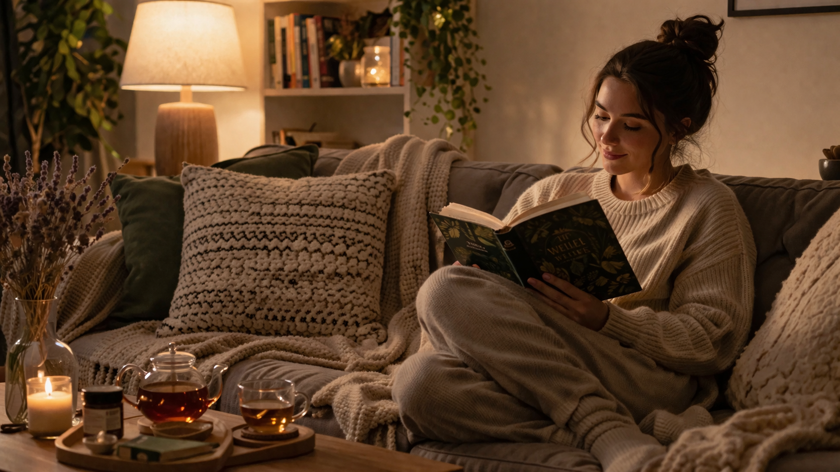 Peaceful evening routine, woman reading a book with herbal tea on a cozy sofa, soft warm lighting, calm atmosphere, wellness lifestyle, indoor scene